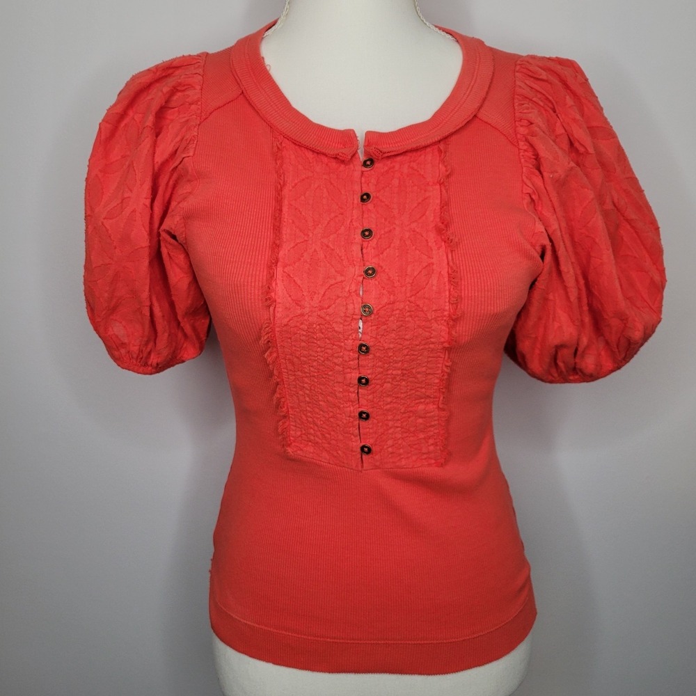 Pilcro Anthropologie Bella Henley‎ Shirt Blouse Top Ribbed Size XXS Orange